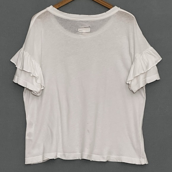 Current Elliott Womens Top 2 M Ruffle Roadie Tee Sugar White Distressed Classic - Picture 6 of 15